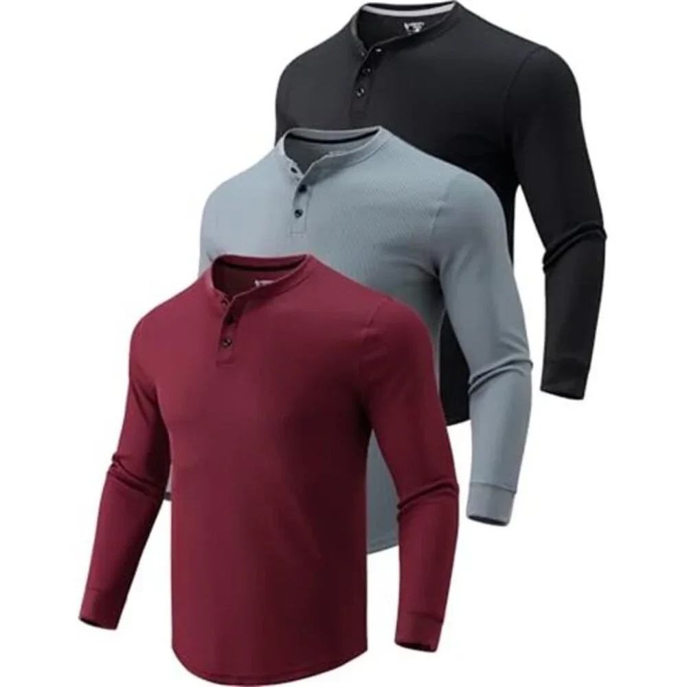 3 Pack Men's Waffle Henley Thermal Long Sleeve Shirts